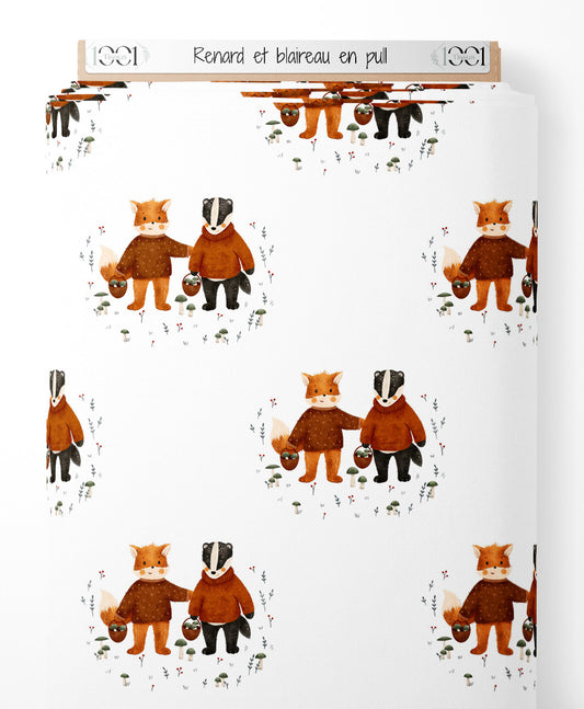 Tissu - Renard et blaireau en pull