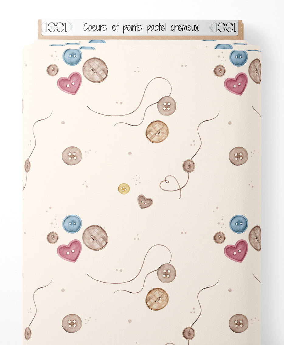 Tissu - Cœurs et points pastel crémeux