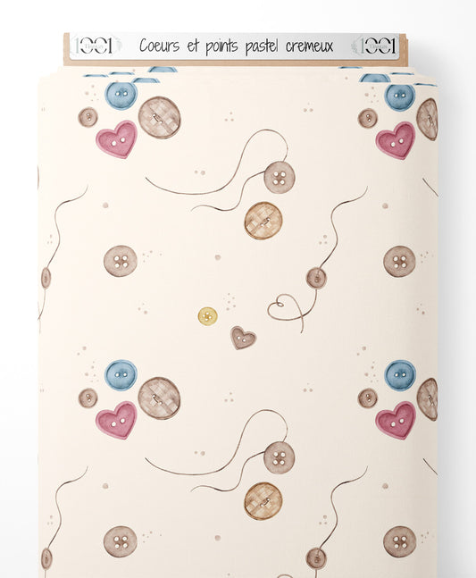 Tissu - Cœurs et points pastel crémeux