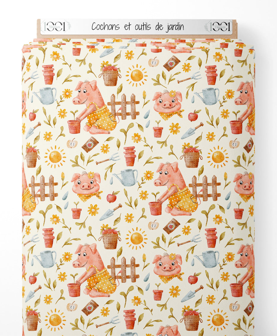 Tissu - Cochons et outils de jardin
