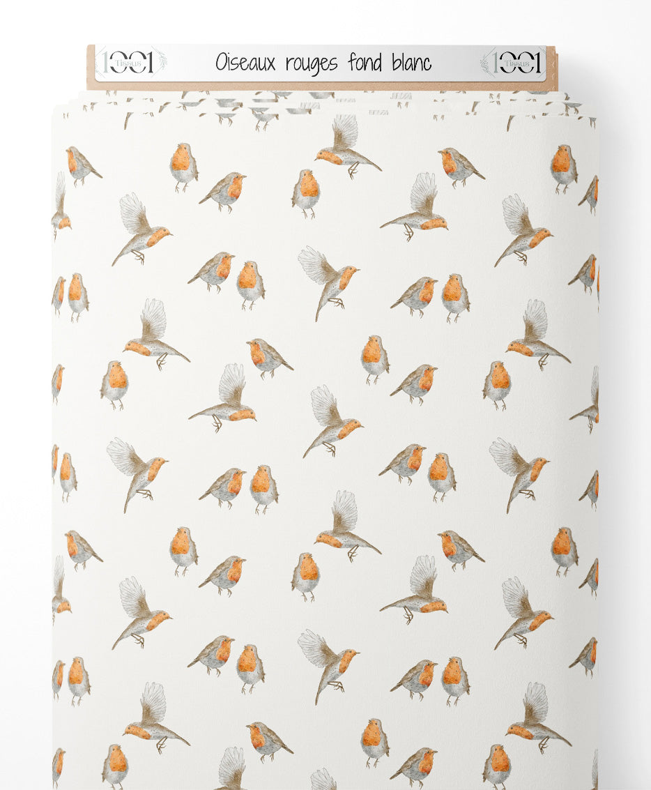 Tissu - Oiseaux rouges sur fond blanc