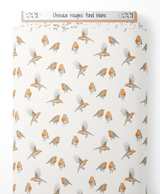 Tissu - Oiseaux rouges sur fond blanc