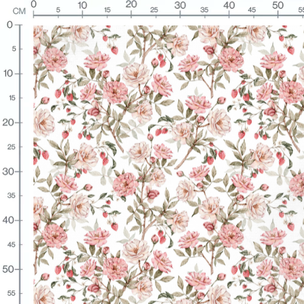 Tissu - Roses et baies sur fond blanc