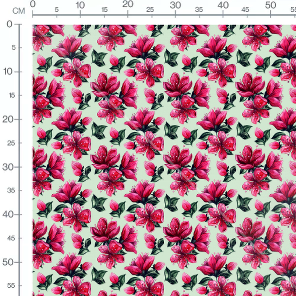 Tissu - Fleurs roses sur fond vert clair