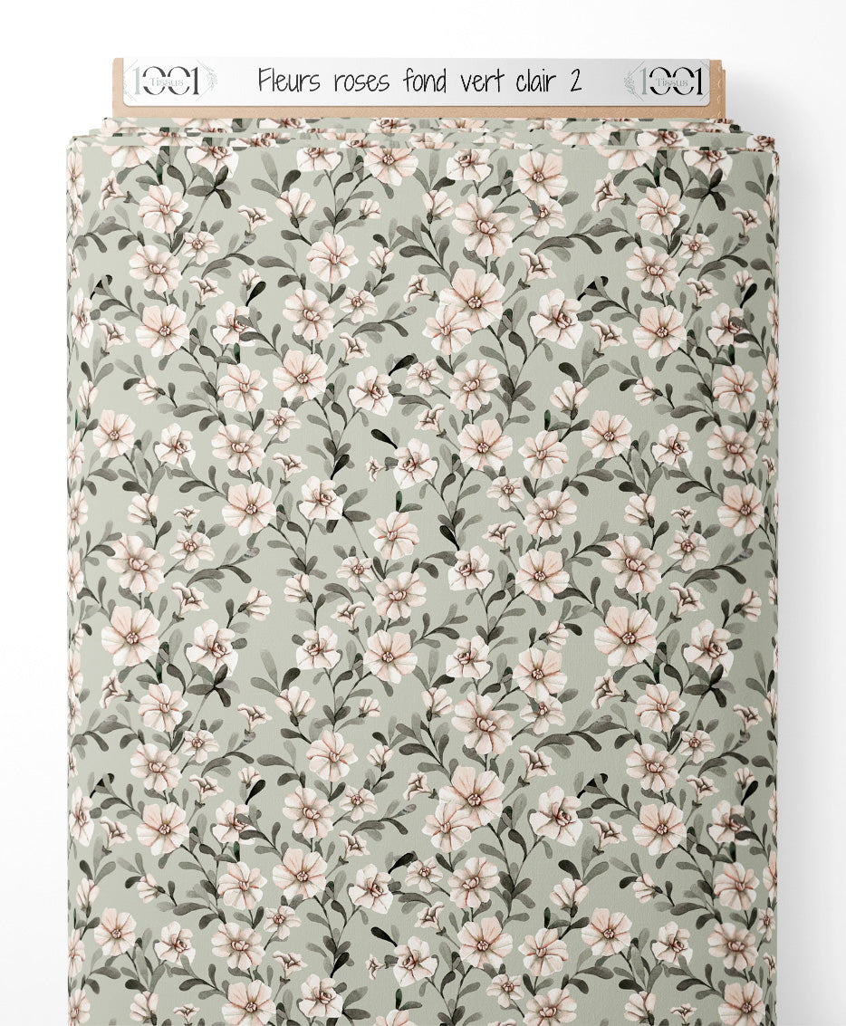 Tissu - Fleurs roses sur fond vert clair 2