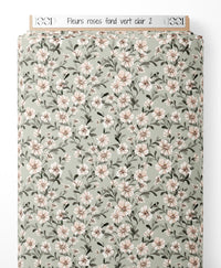 Tissu - Fleurs roses sur fond vert clair 2