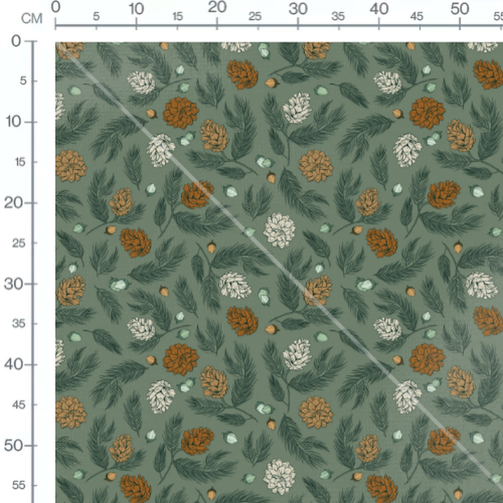 Tissu - Pommes de pin sur fond vert