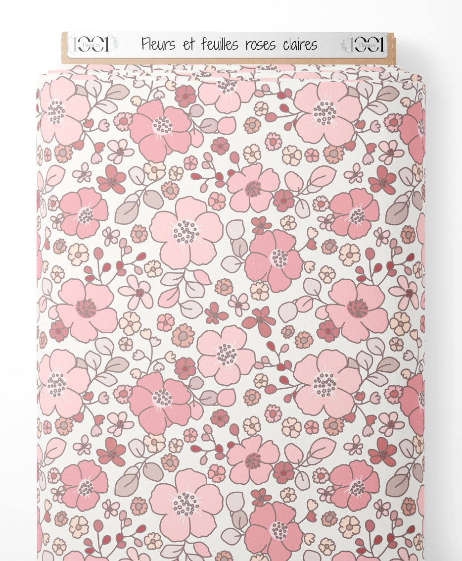 Tissu - Fleurs et feuilles roses claires