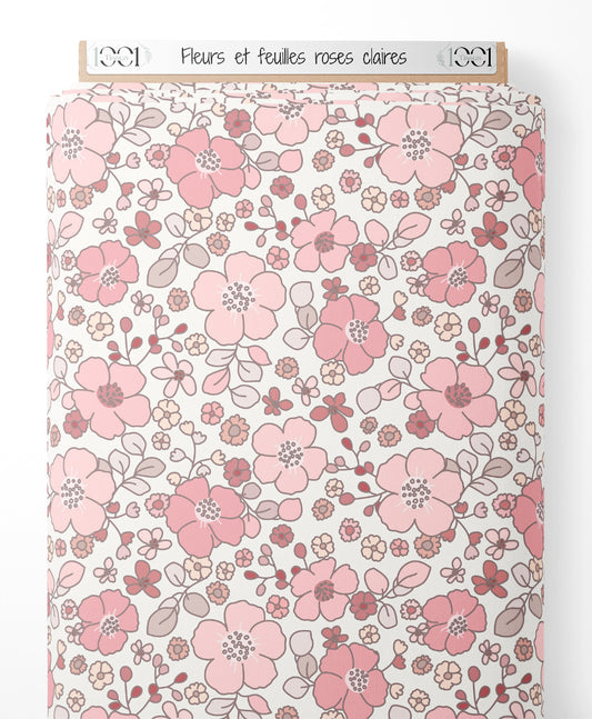 Tissu - Fleurs et feuilles roses claires