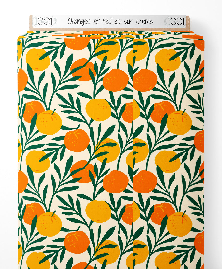 Tissu - Oranges et feuilles sur crème