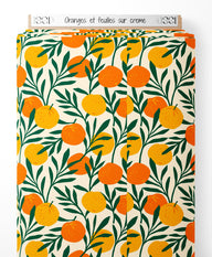 Tissu - Oranges et feuilles sur crème