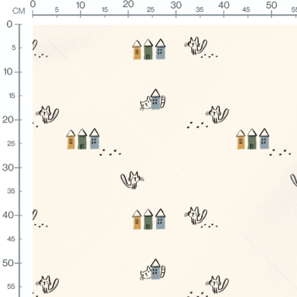Tissu - Chats et maisons colorées