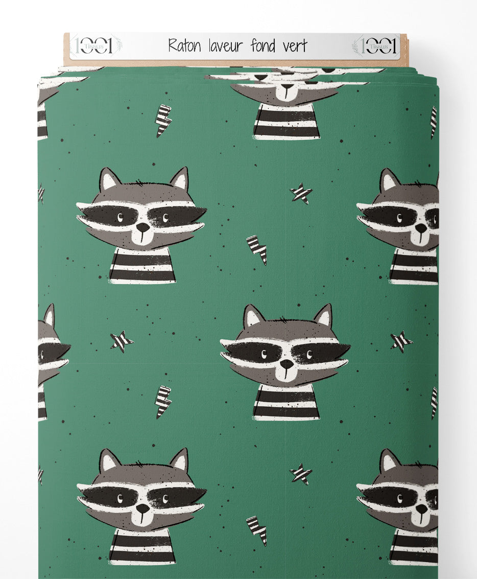 Tissu - Raton laveur sur fond vert