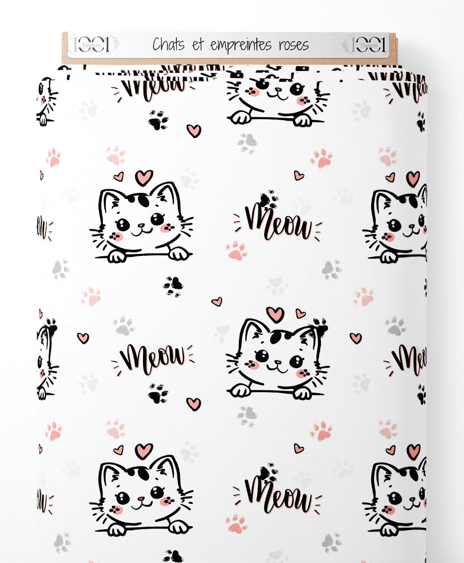 Tissu - Chats et empreintes roses