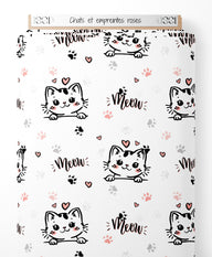 Tissu - Chats et empreintes roses