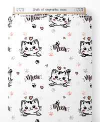 Tissu - Chats et empreintes roses