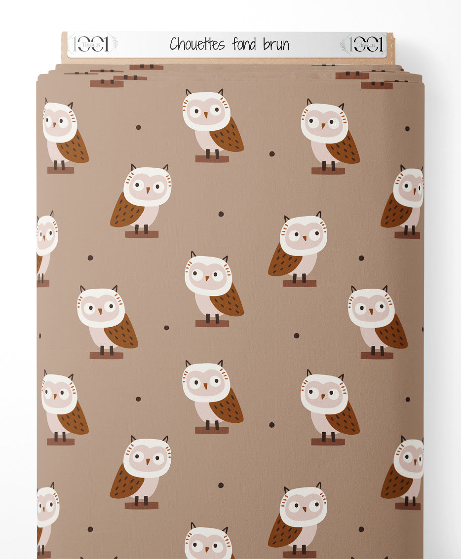 Tissu - Chouettes sur fond brun