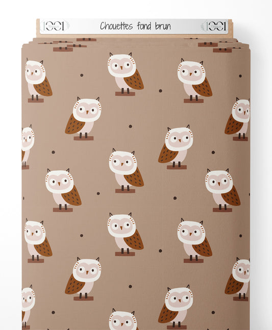 Tissu - Chouettes sur fond brun