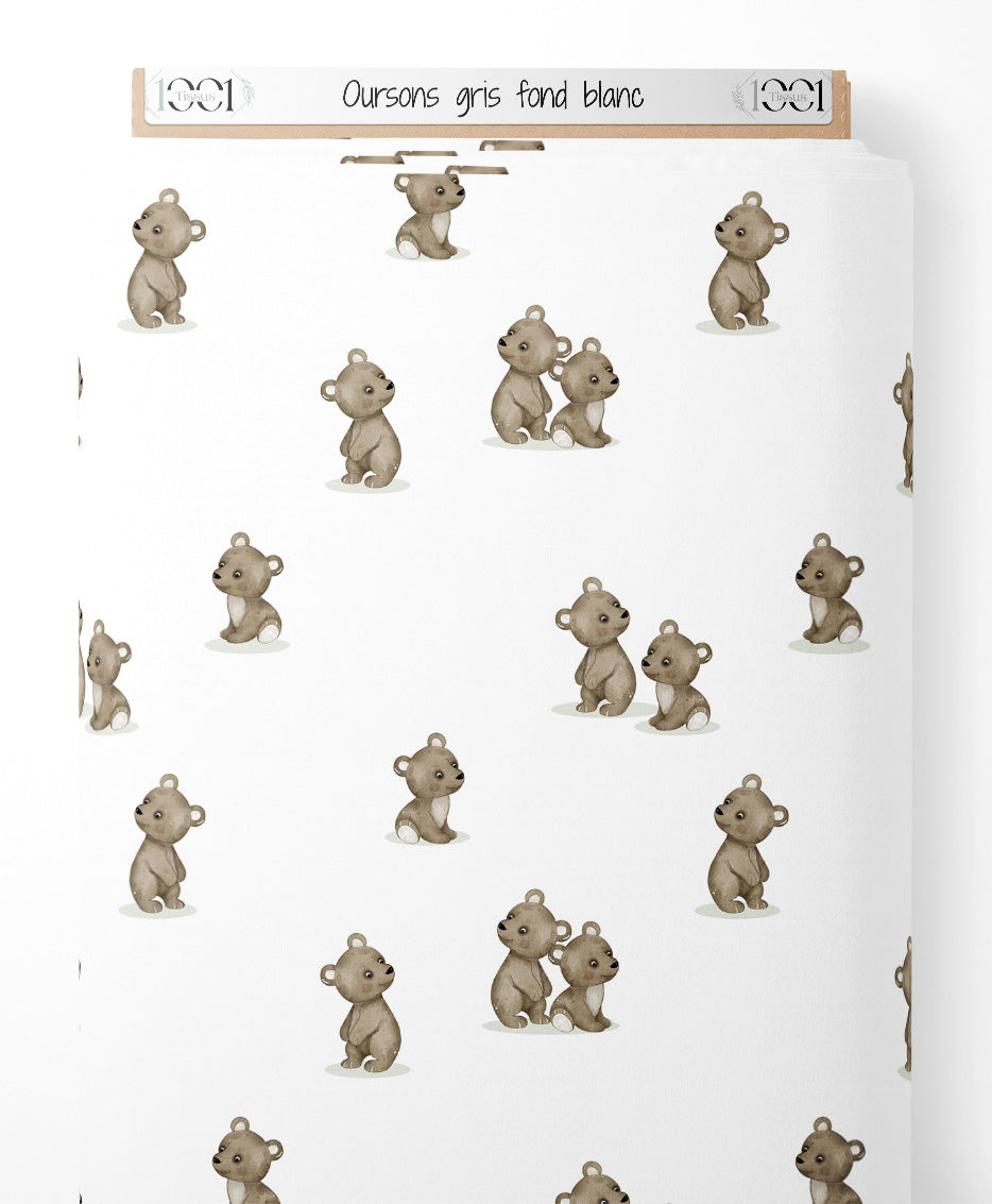 Tissu - Oursons gris sur fond blanc