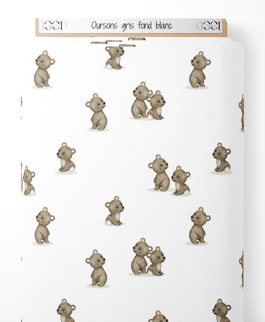Tissu - Oursons gris sur fond blanc
