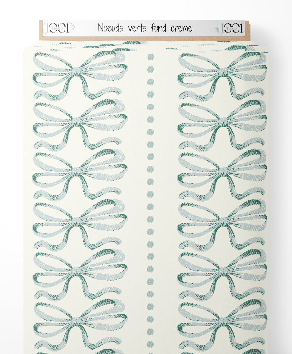 Tissu - Noeuds verts sur fond crème