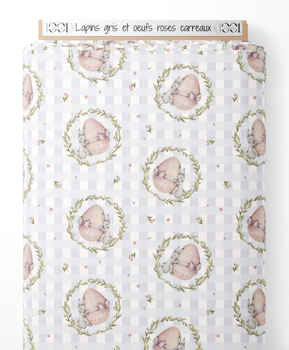Tissu - Lapins gris et œufs roses carreaux