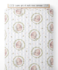 Tissu - Lapins gris et œufs roses carreaux