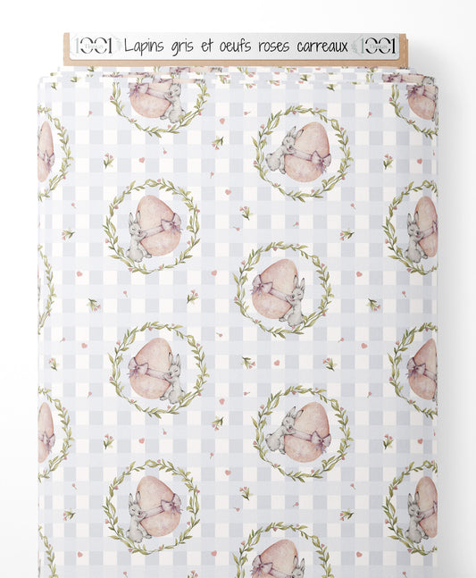 Tissu - Lapins gris et œufs roses carreaux