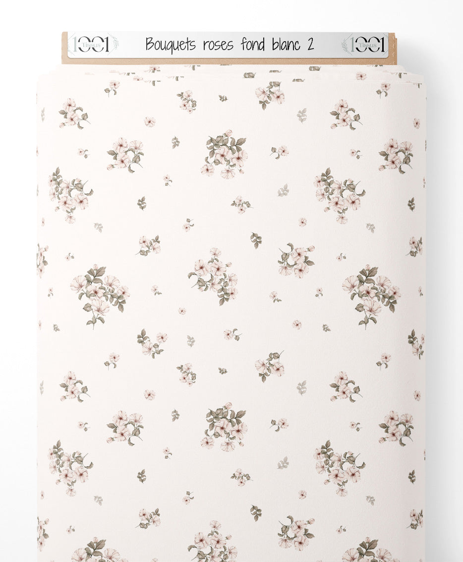 Tissu - Bouquets roses sur fond blanc 2