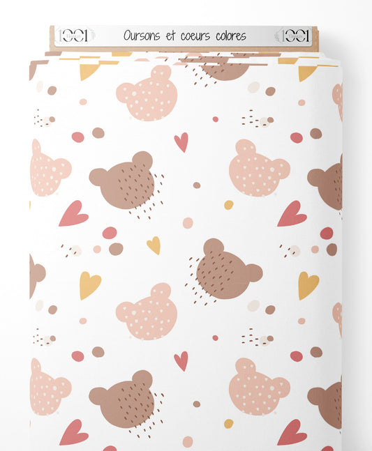 Tissu - Oursons et cœurs colorés