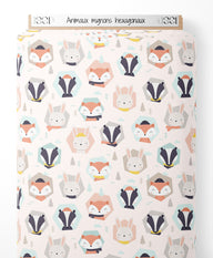 Tissu - Animaux mignons hexagonaux