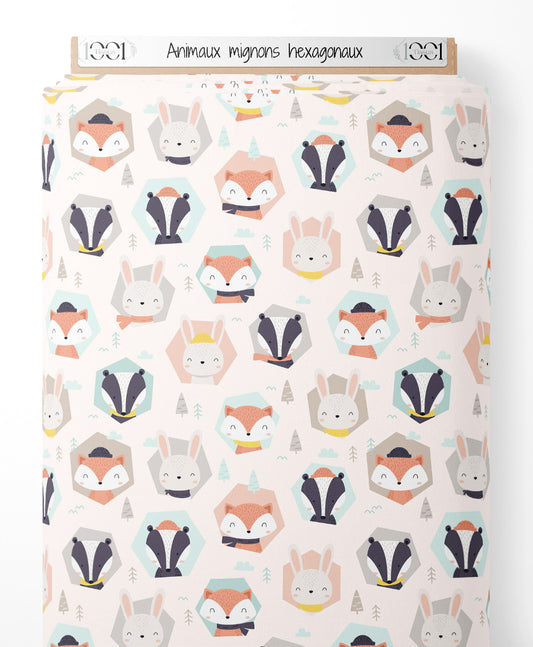 Tissu - Animaux mignons hexagonaux