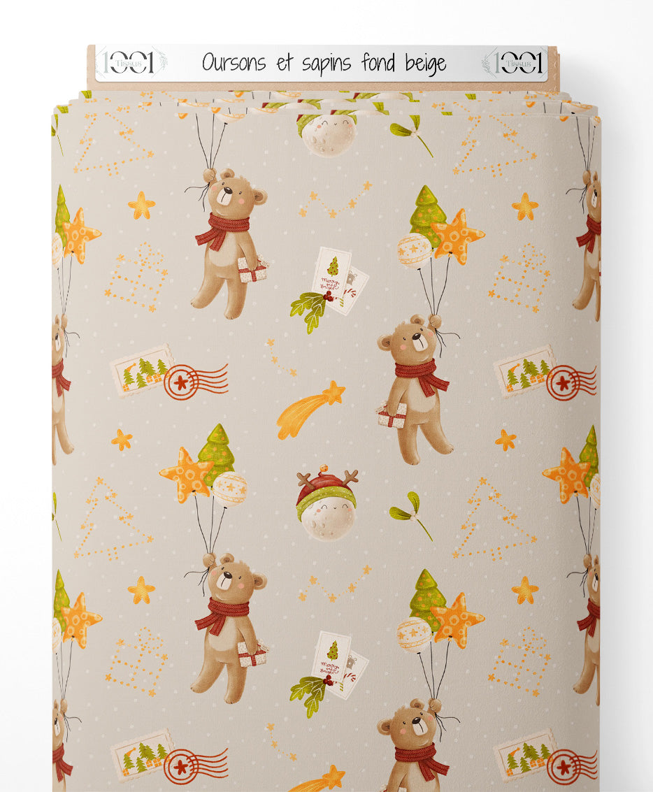 Tissu - Oursons et sapins sur fond beige