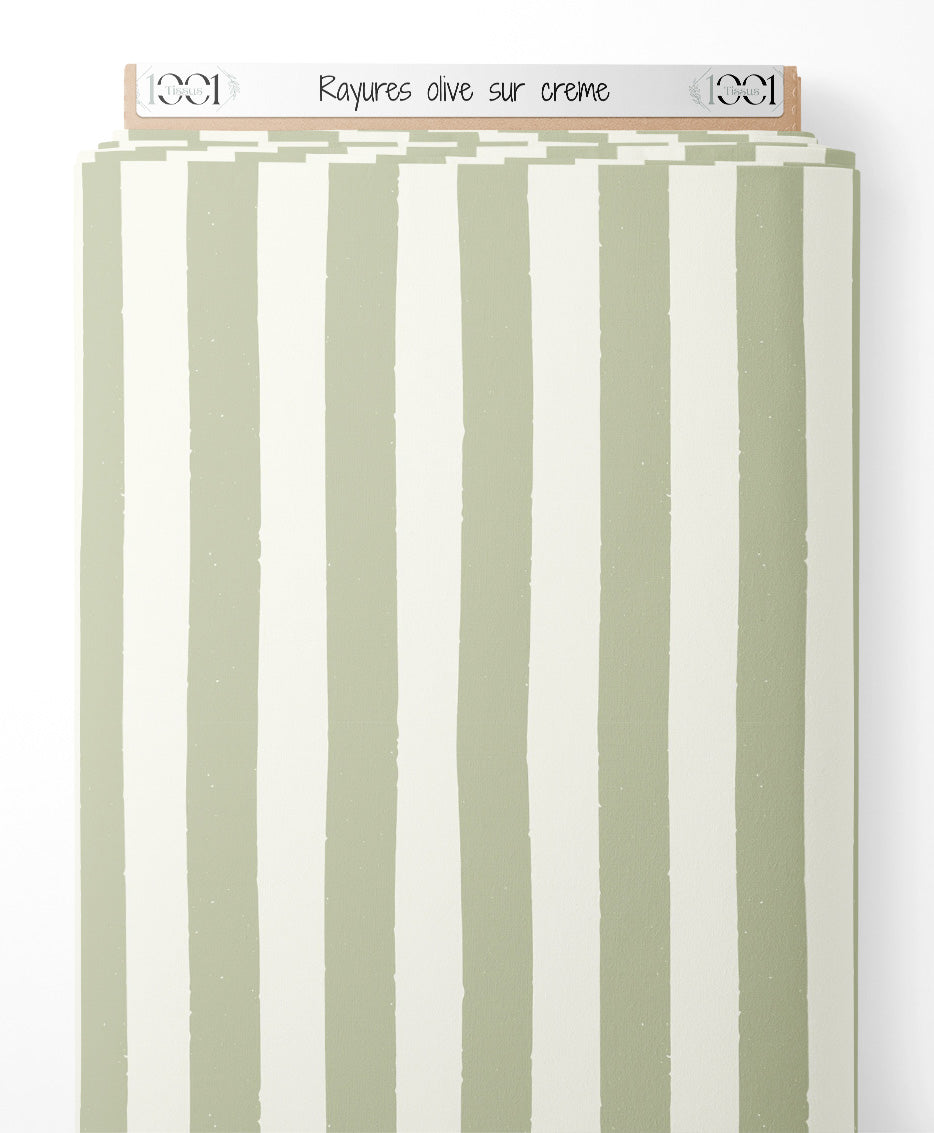 Tissu - Rayures olive sur crème