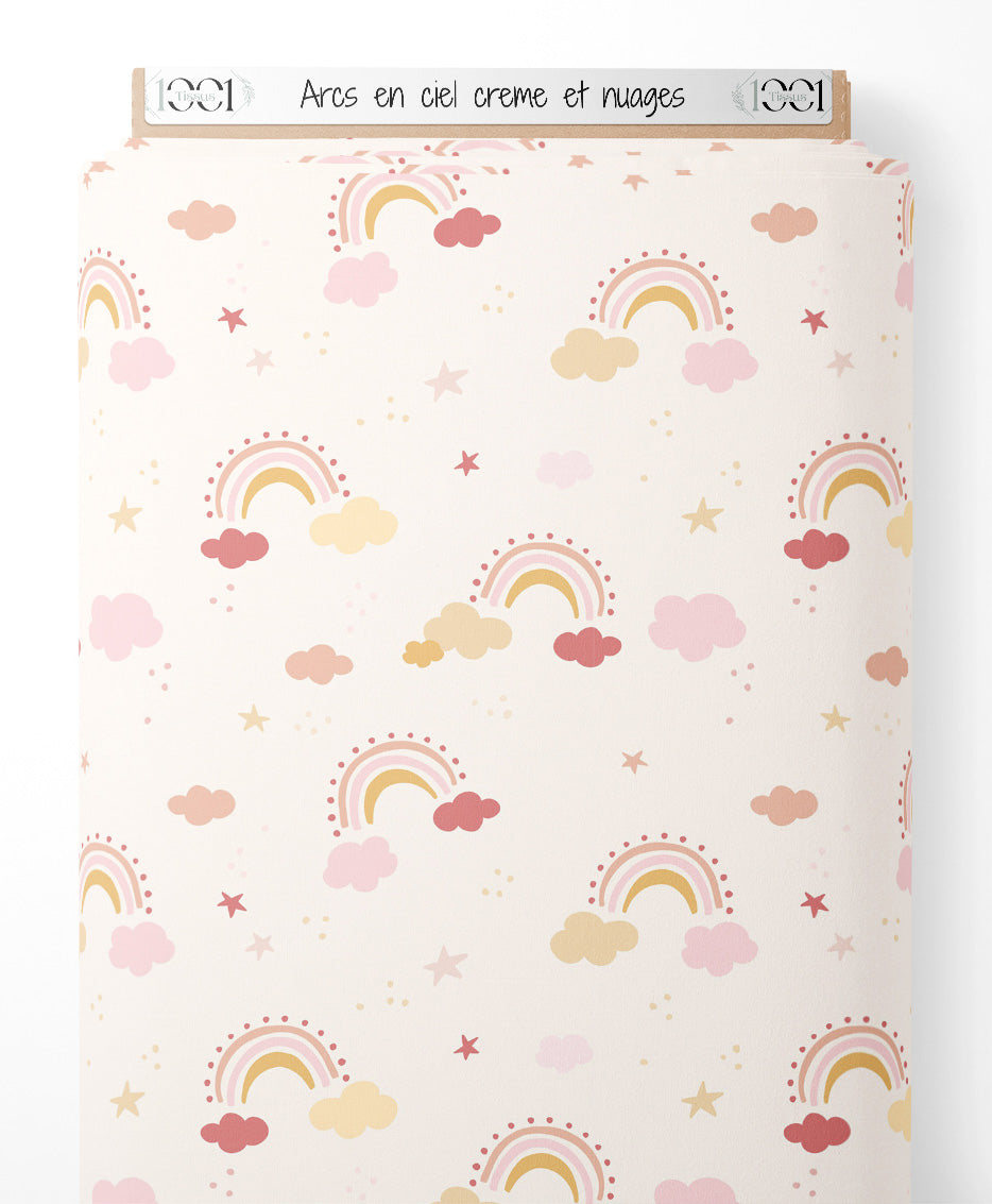 Tissu - Arcs-en-ciel crème et nuages