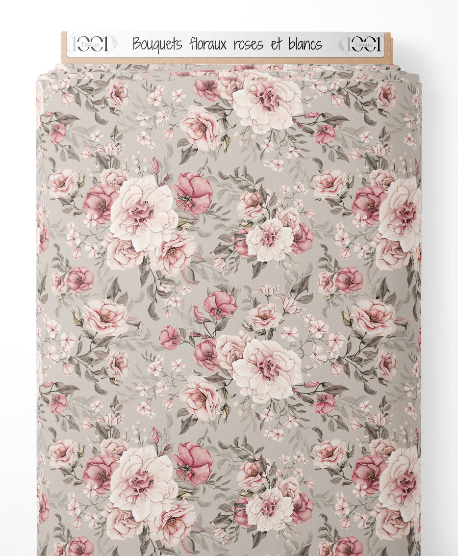 Tissu - Bouquets floraux roses et blancs