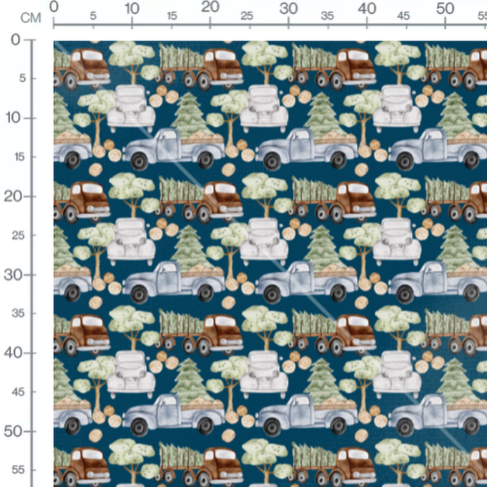 Tissu - Camions et arbres sur fond bleu