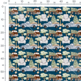 Tissu - Camions et arbres sur fond bleu