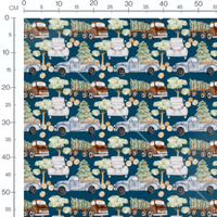 Tissu - Camions et arbres sur fond bleu