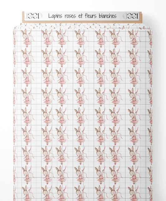 Tissu - Lapins roses et fleurs blanches