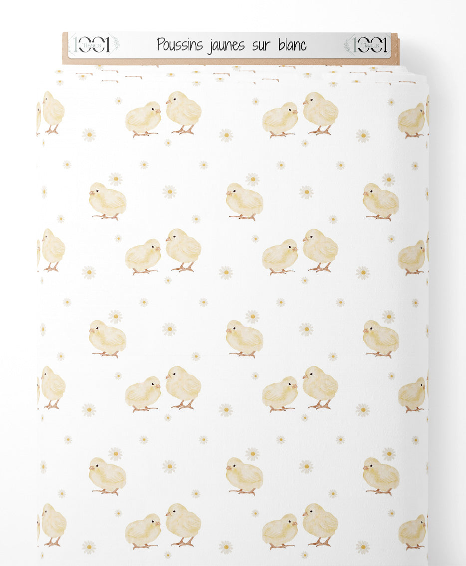 Tissu - Poussins jaunes sur blanc