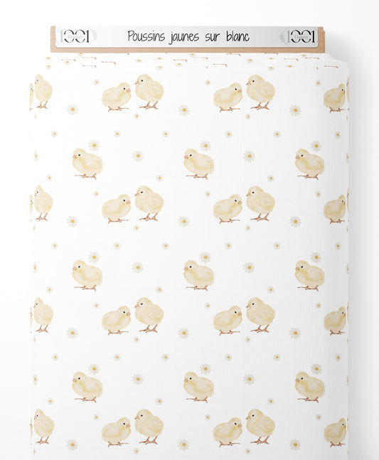 Tissu - Poussins jaunes sur blanc