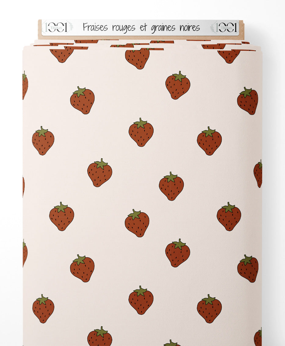 Tissu - Fraises rouges et graines noires