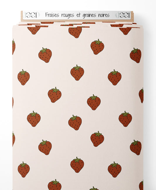 Tissu - Fraises rouges et graines noires