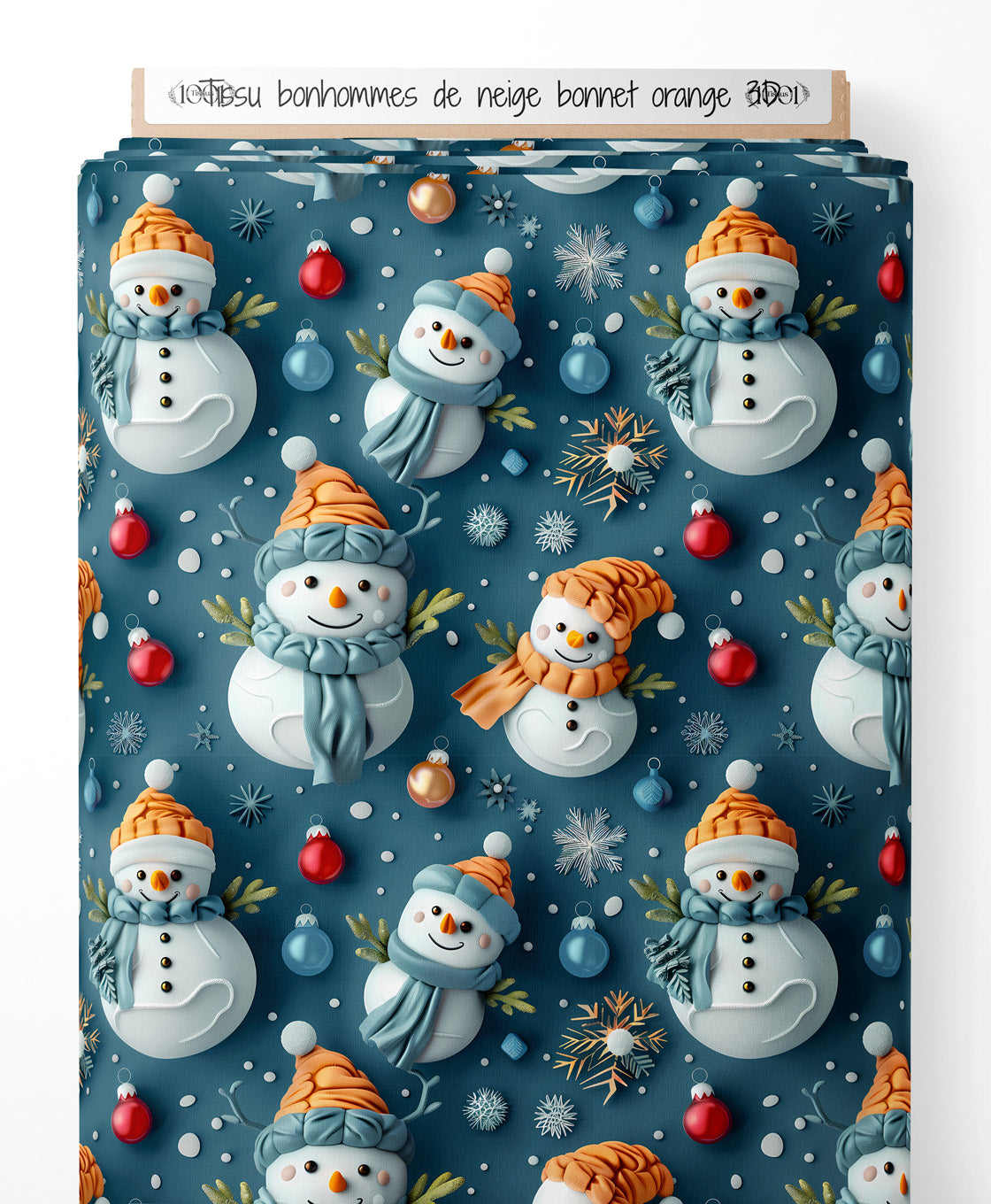 Tissu - bonhommes de neige bonnet orange 3D