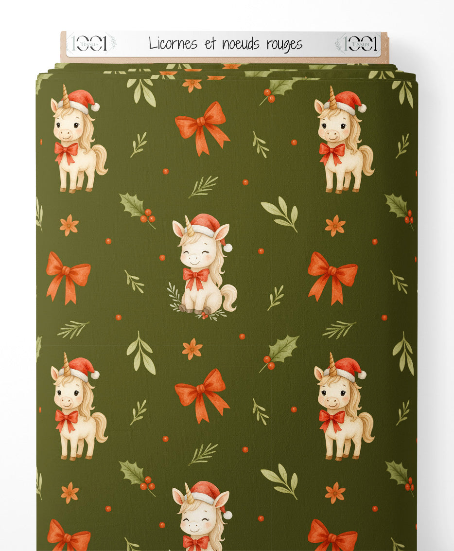 Tissu - Licornes et nœuds rouges