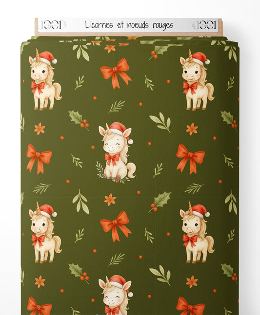 Tissu - Licornes et nœuds rouges