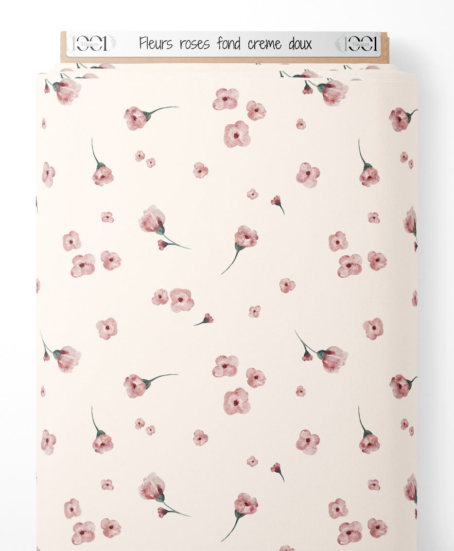 Tissu - Fleurs roses sur fond crème doux