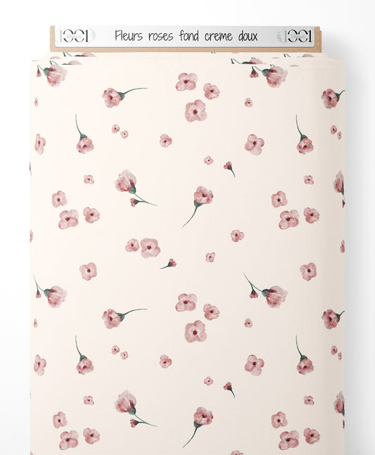 Tissu - Fleurs roses sur fond crème doux