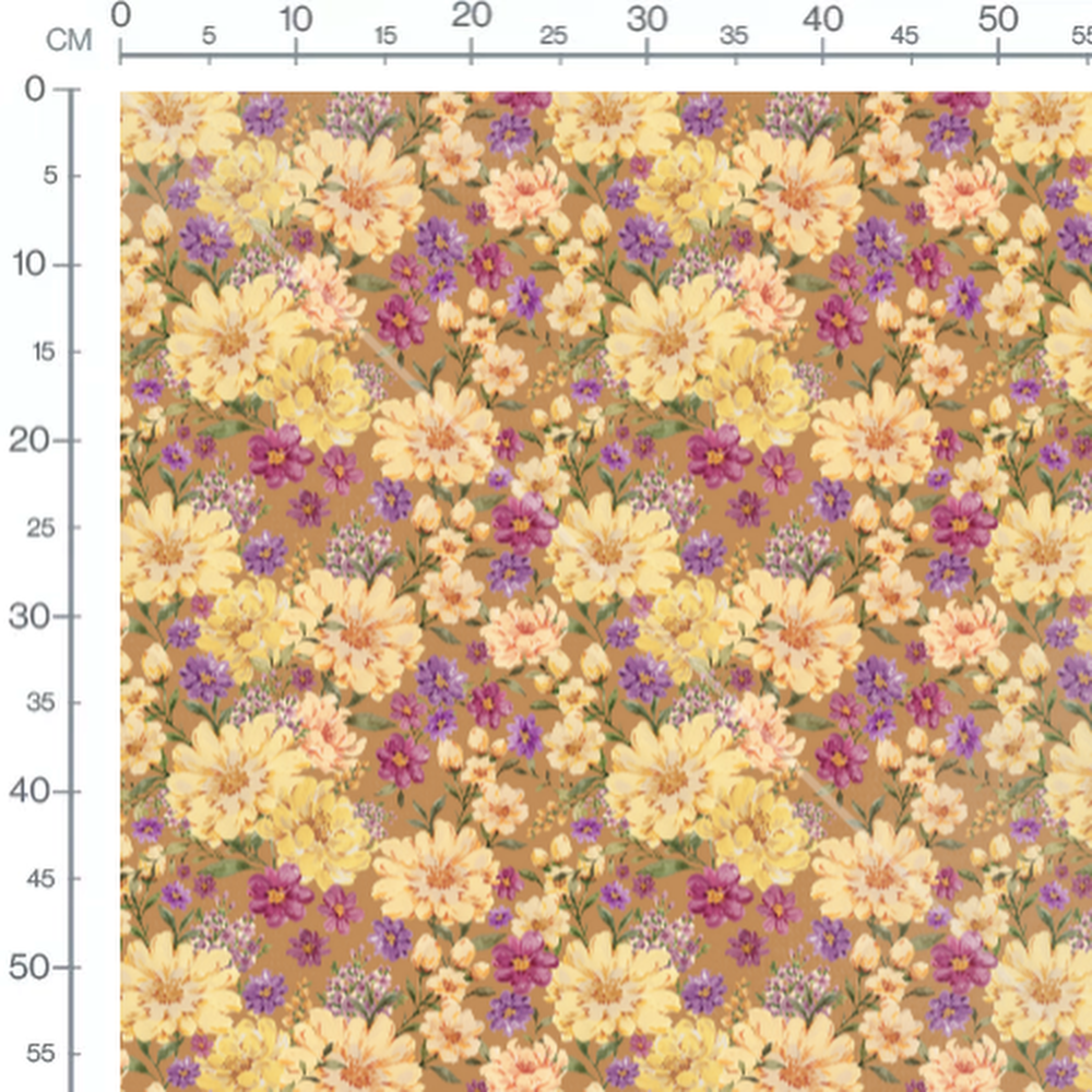 Tissu - Fleurs jaunes et violettes marron